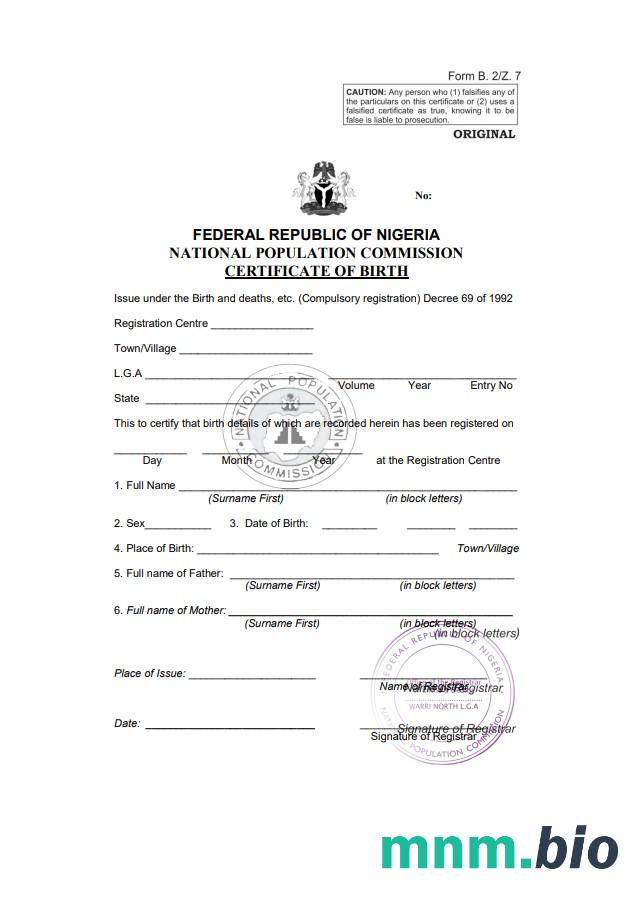 Nigeria narodziny certyfikat szablon in Word i PDF formacie